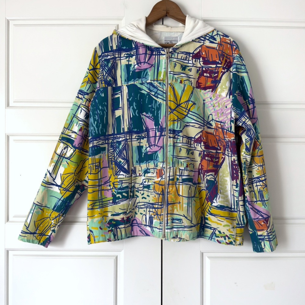 Michael Leu Artsy Full Zip Jacket L Colorful Hooded Abstract Graffiti Cats Birds